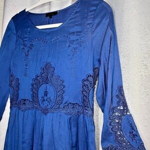 Lulumari Anthropologie Boho Blue Dress Crochet Lace Bell Sleeves Size Small EUC